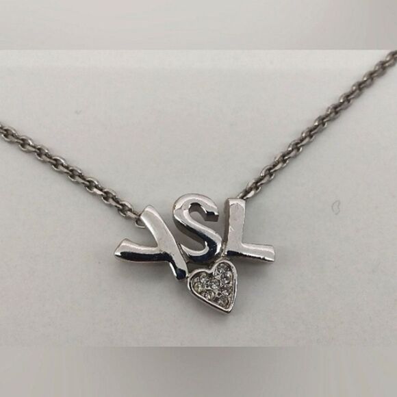 YSL Yves Saint Laurent Rhinestone Heart Silver Necklace Choker Jewelry Authentic - Picture 2 of 15